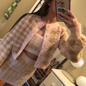 For Love & Lemons Mohair Houndstooth Skirt Crop Tank Bell Sleeve Cardiga…